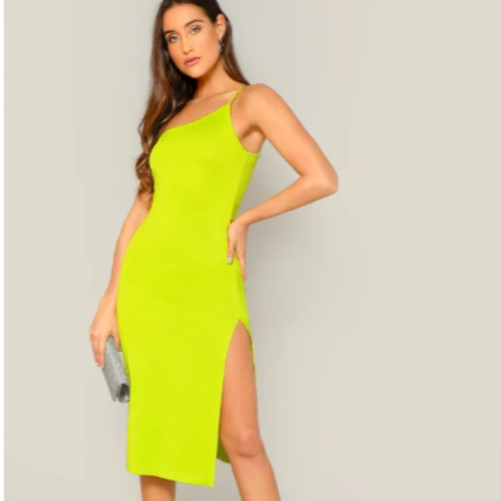 Sexy Neon Yellow Split Side One Shoulder Cami Dre